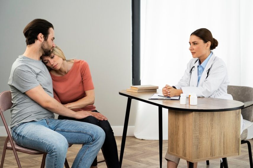 side-view-couple-talking-doctor