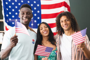 U.S. Citizens celebrating with American flags