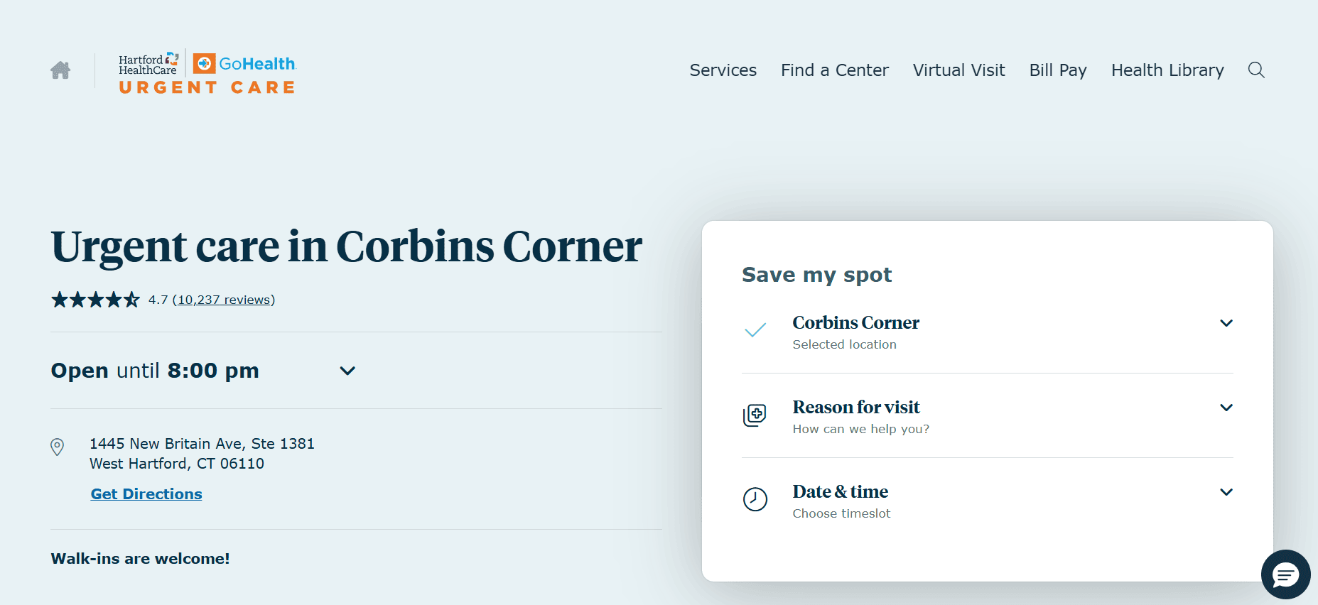 Hartford HealthCare-GoHealth Urgent Care, Corbin's Corner website