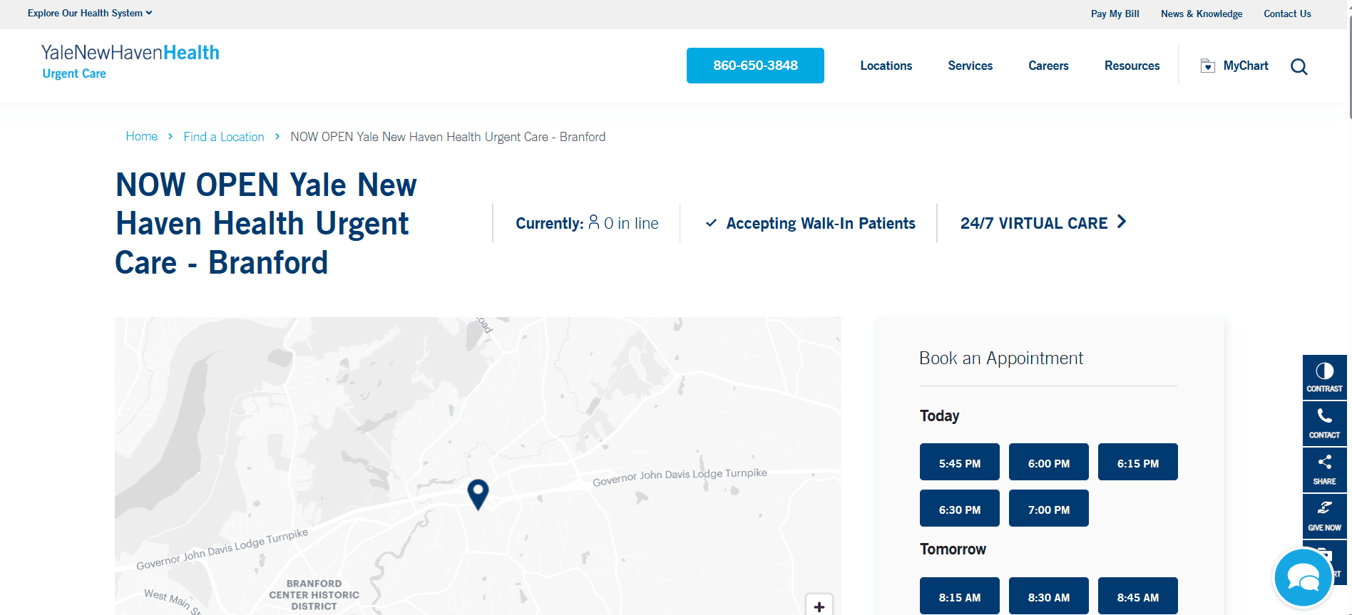 Yale New Haven Health Urgent Care website