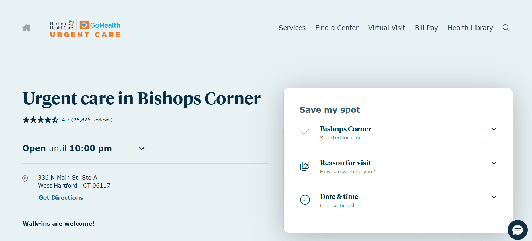 Hartford HealthCare-GoHealth Urgent Care, Bishops Corner website