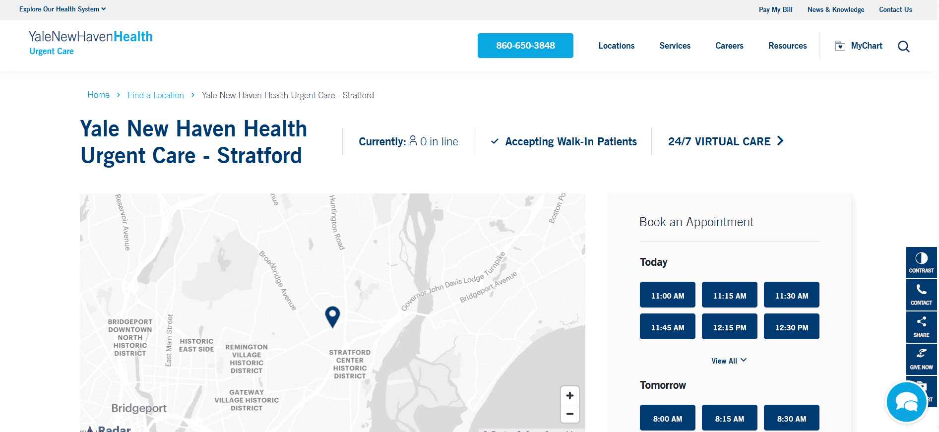 Yale New Haven Health Urgent Care website
