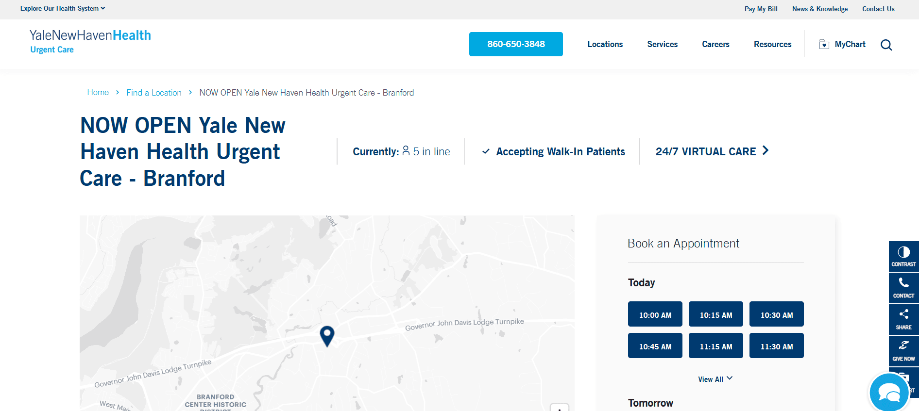 Yale New Haven Health Urgent Care website