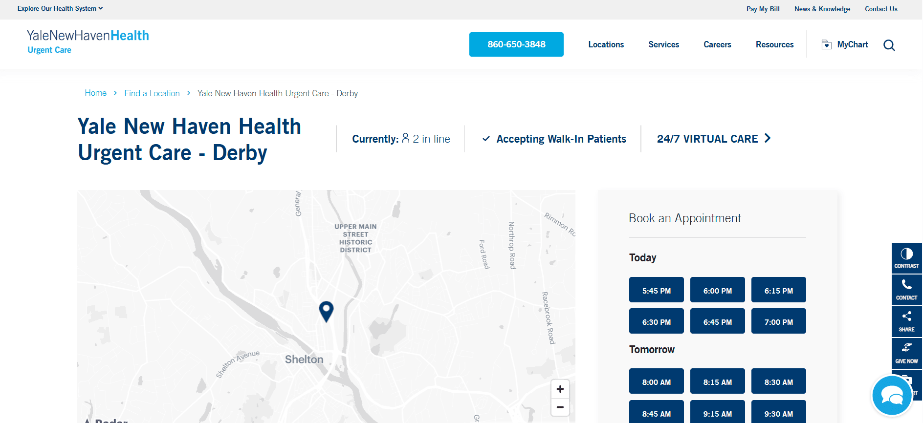 Yale New Haven Health Urgent Care, Derby website