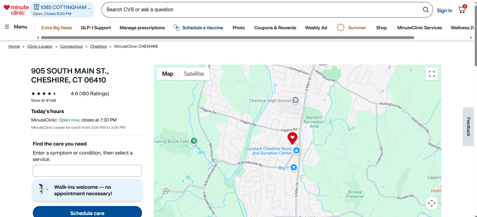 CVS MinuteClinic Cheshire website