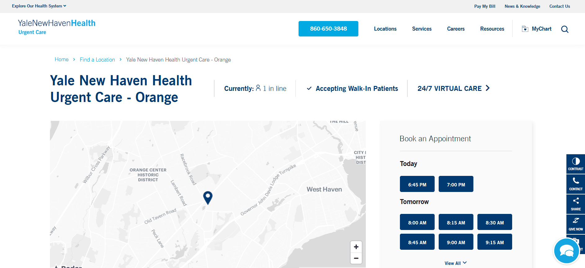 Yale New Haven Health Urgent Care, Orange website