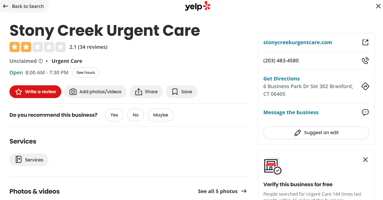 Stony Creek Urgent Care website