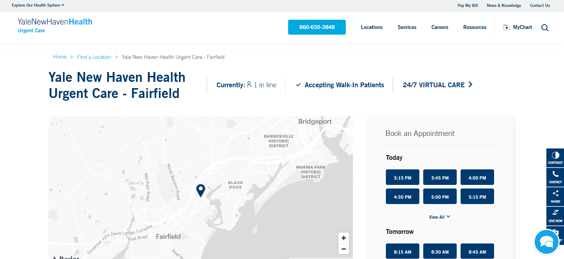 Yale New Haven Health Urgent Care website