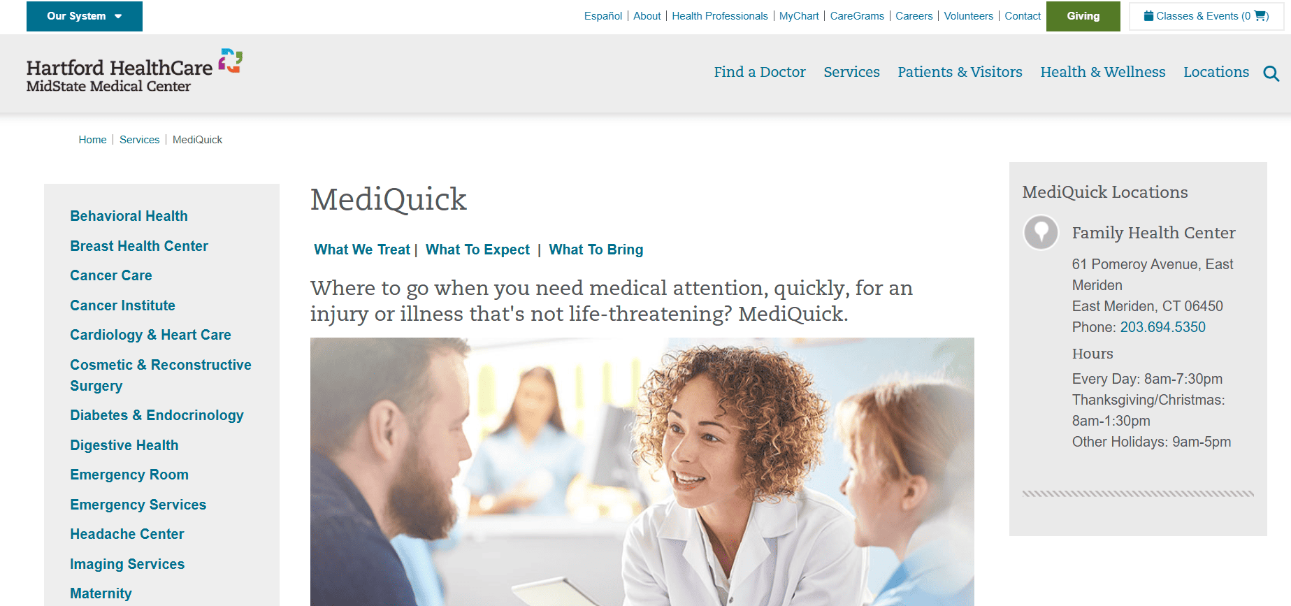 MediQuick at Midstate Medical Center website